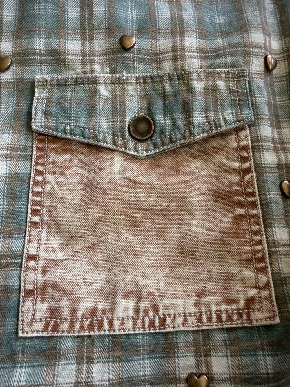 POL Heart Stud Vintage Wash Olive Green & Tan Plaid SHACKET NEW FALL WINTER - Picture 7 of 11